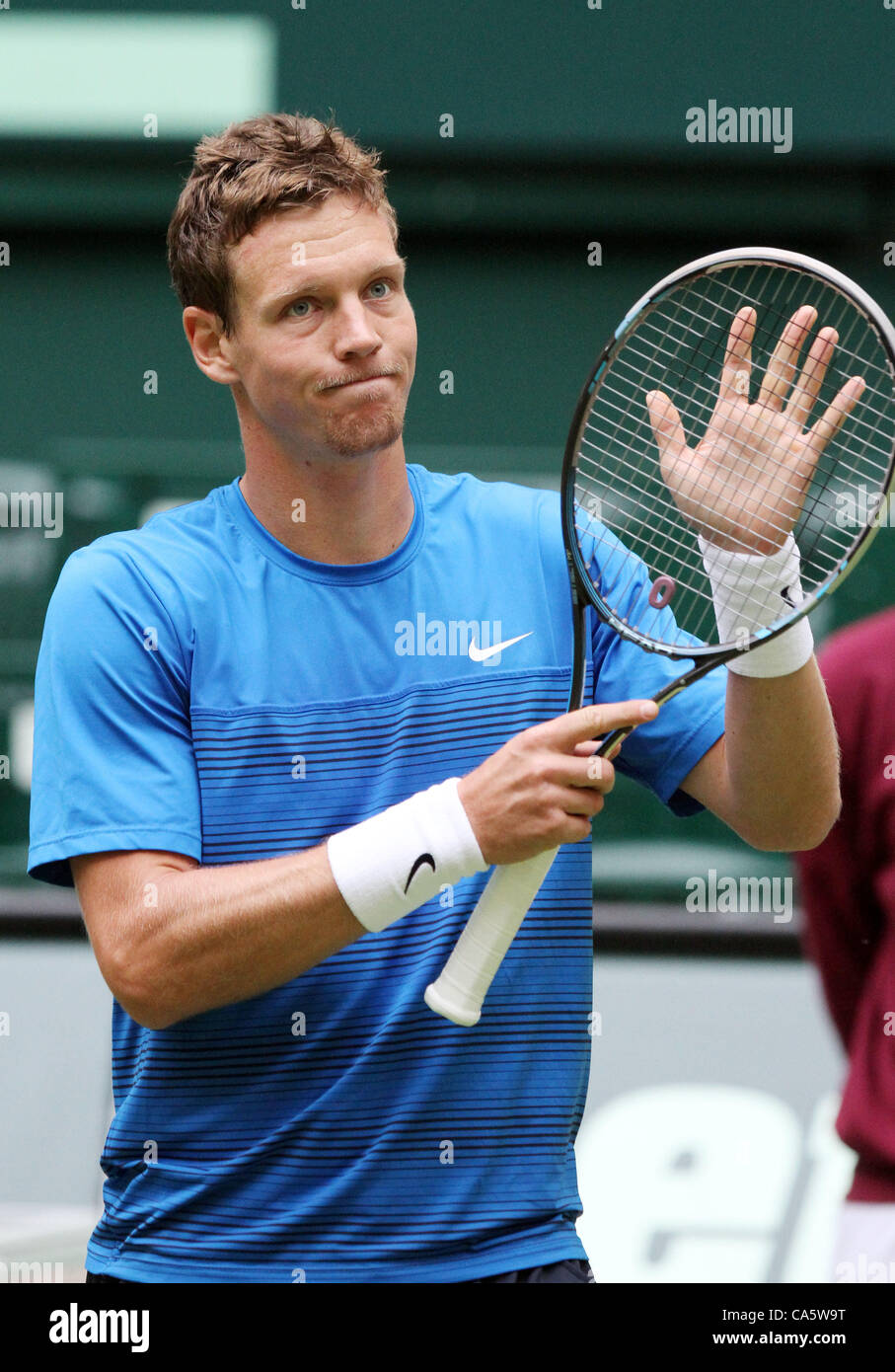 Czech tennis player Tomas Berdych playing service shot in
