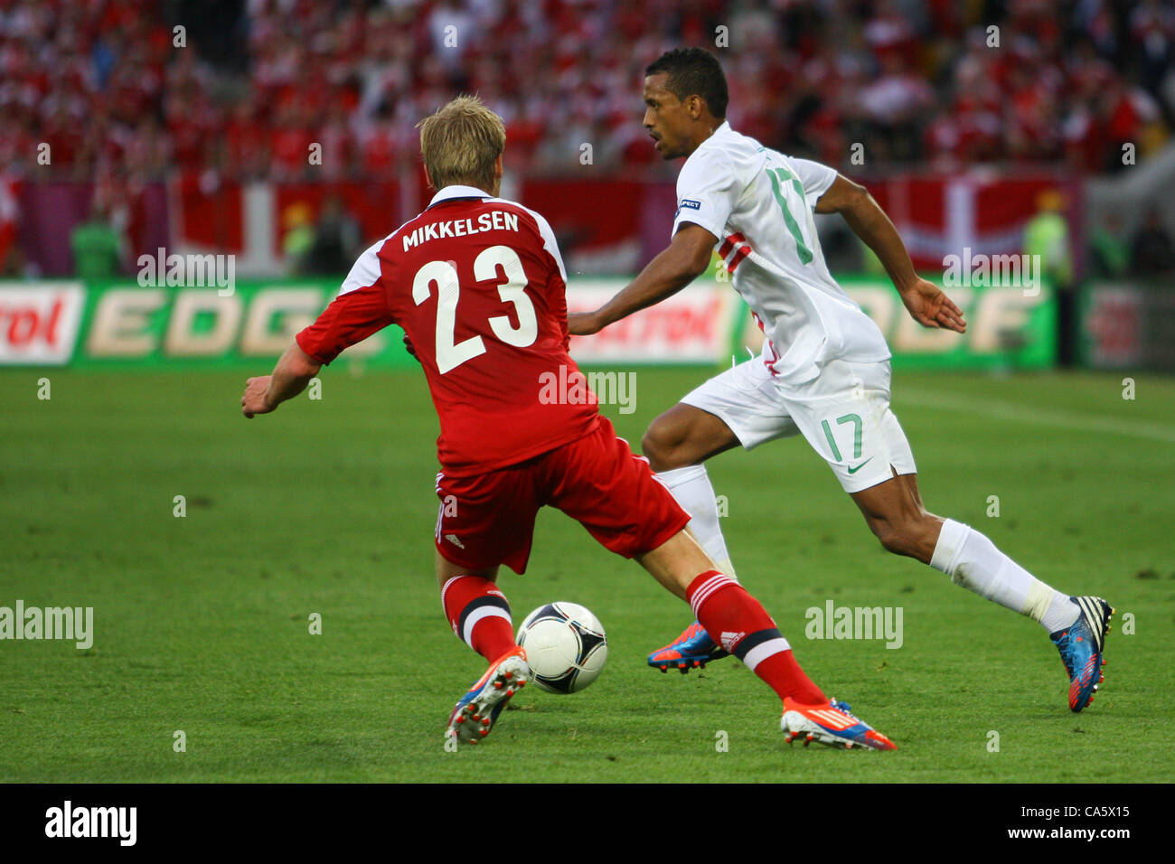 13.06.2012. Lviv, Ukraine. EURO 2012, FOOTBALL EUROPEAN Championship, Denmark versus Portugal. TOBIAS MIKKELSEN (DEN)follows NANI (POR) Portugal won the game by 3-2. Stock Photo