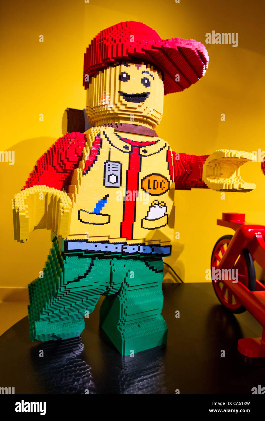 June 14, 2012, Tokyo, Japan - A giant Lego man character is seen on display  during a press preview event at the LEGOLAND Discovery Center Tokyo. The  LEGOLAND Discovery Center contains over