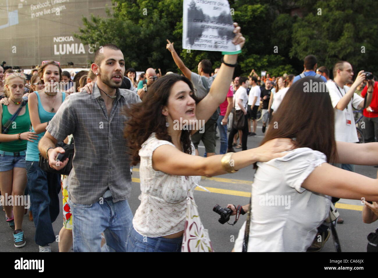 Environmentalists demonstrating against the new Bulgarian Forrestry Act. The protesters created a human chain on one of Sofia’s main traffic arteries and blocked it. Sofia, Bulgaria, 14/06/2012. Credit:  Johann Brandstatter / Alamy Live News Stock Photo