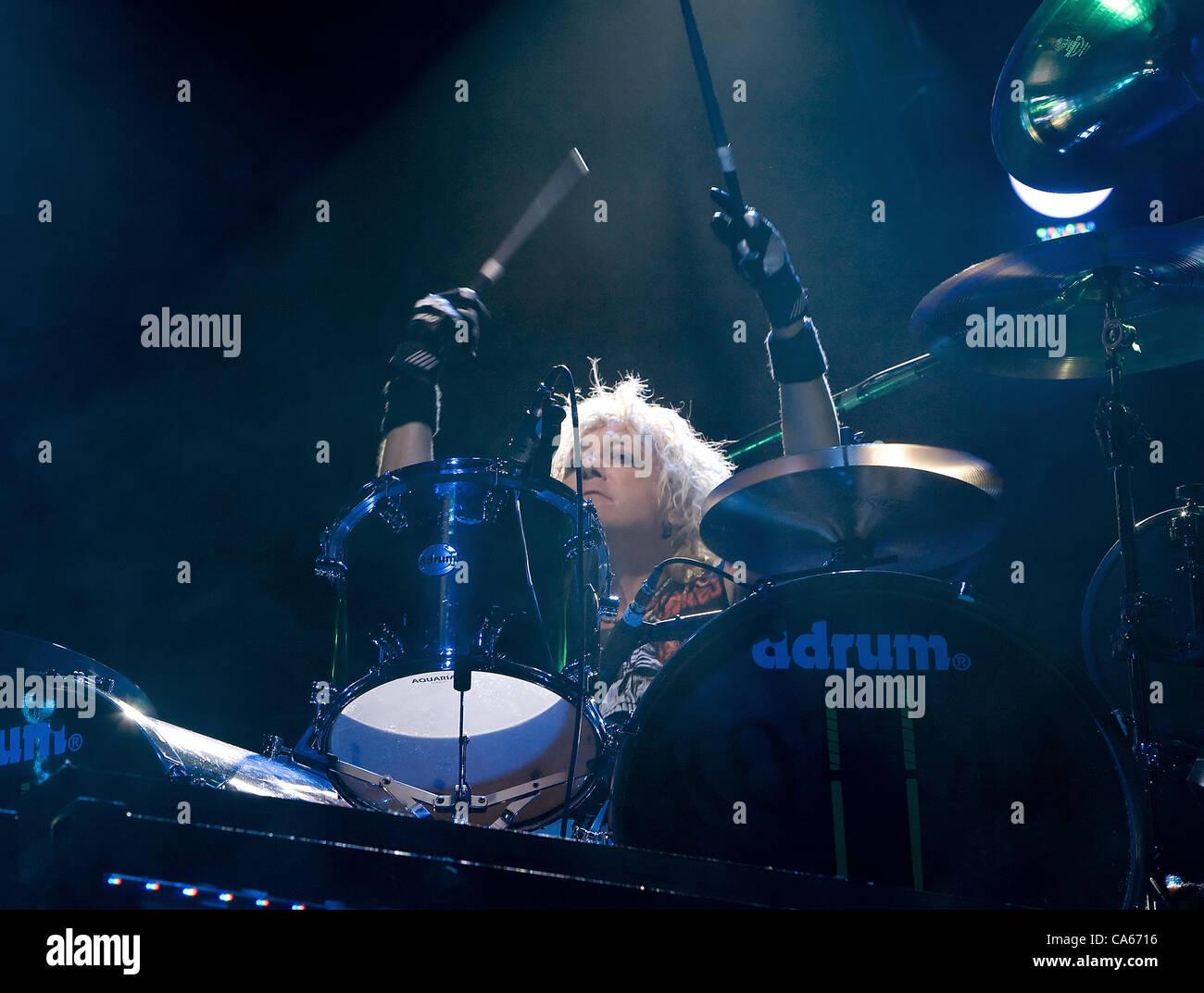 June 12, 2012 - Morrison, CO, USA - Drummer JAMES KOTTAK of the Scorpions performs to a sold out crowd at Red Rocks Amphitheater Tuesday night. (Credit Image: © Hector Acevedo/ZUMAPRESS.com) Stock Photo