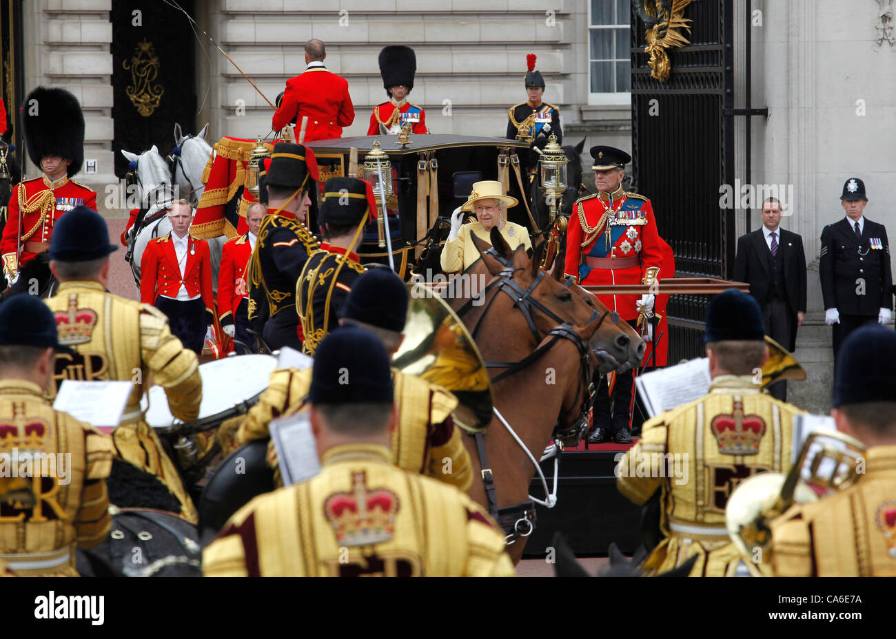 Queen Elizabeth II  and Prince Philip review Household Cavalry at  Buckingham Palace  at the Trooping of the Colour Ceremony  June 2012 Stock Photo