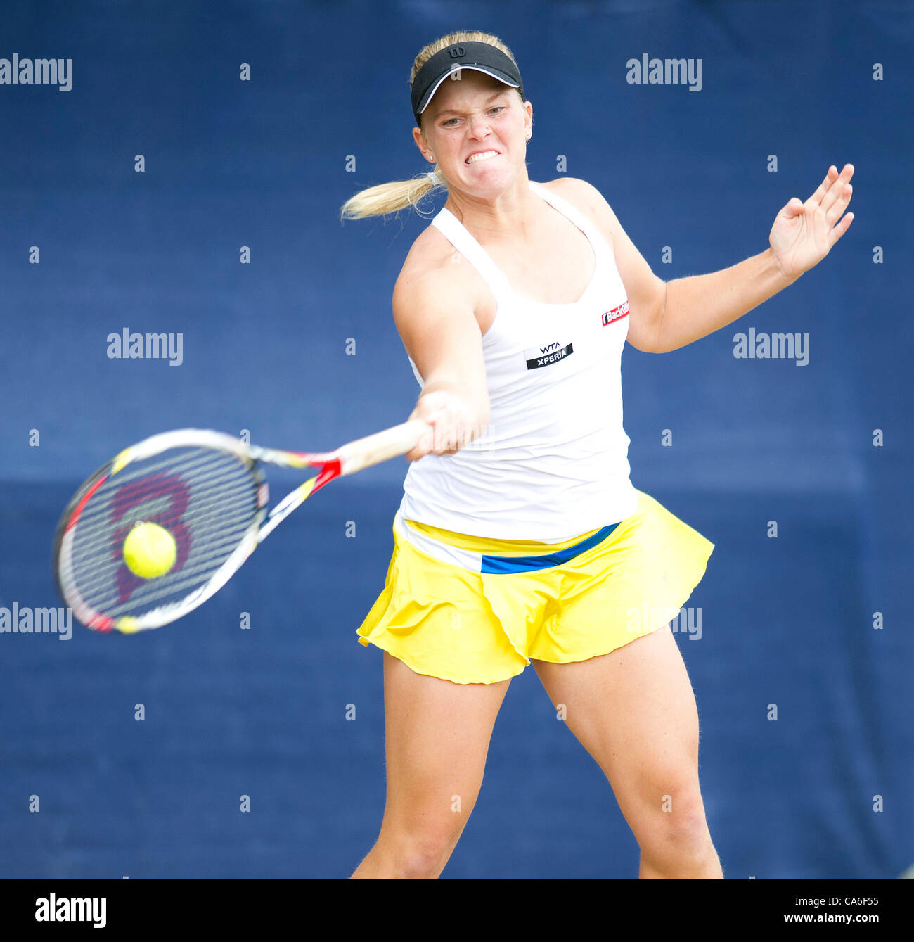 16.06.2012 Birmingham, England.  Melanie OUDIN (USA) in action during her quarterfinals match with Irina FALCONI (USA) at the AEGON Classic at the Edgbaston Priory Club. Stock Photo