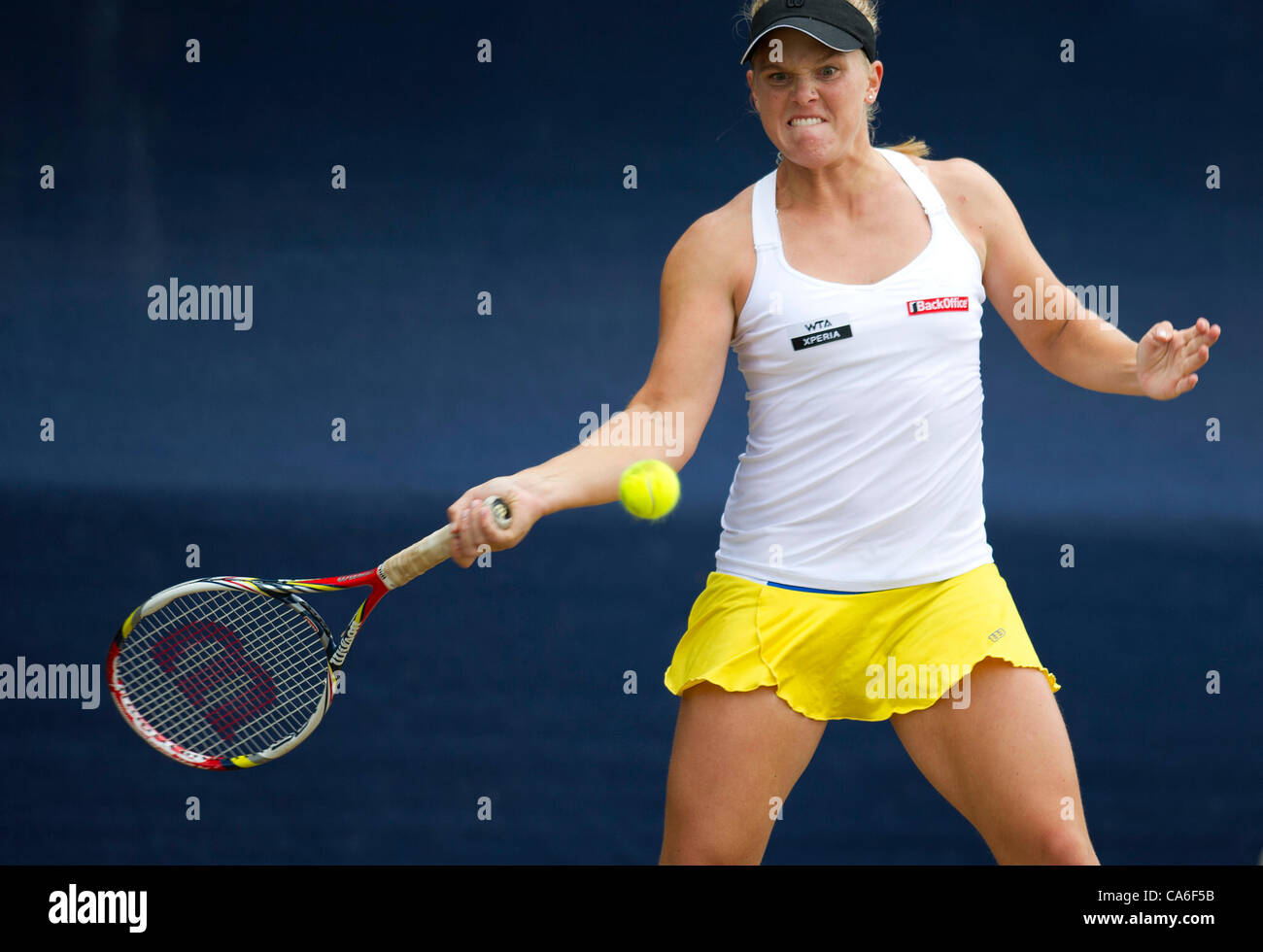 16.06.2012 Birmingham, England.  Melanie OUDIN (USA) in action during her quarterfinals match with Irina FALCONI (USA) at the AEGON Classic at the Edgbaston Priory Club. Stock Photo
