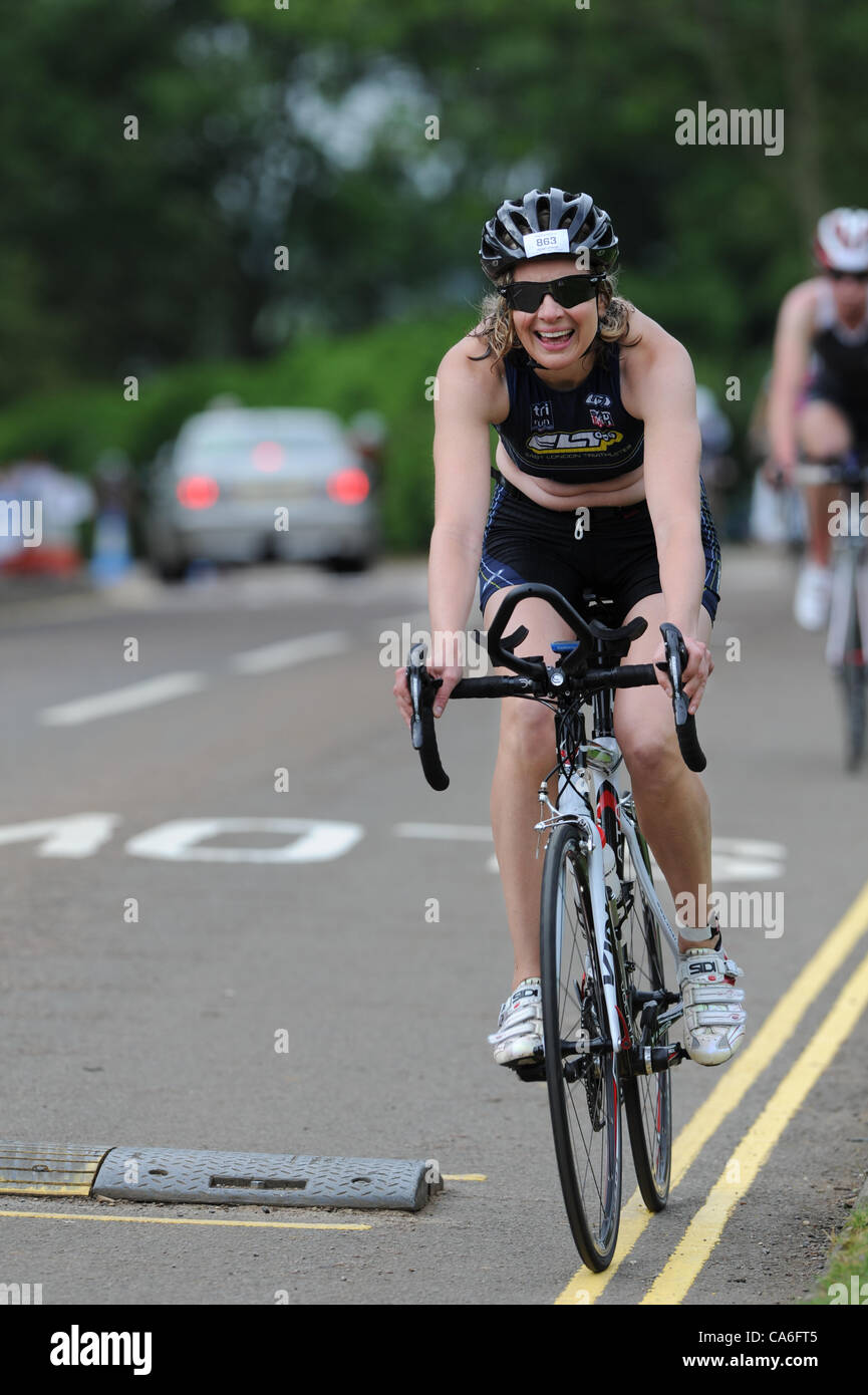 The second leg of the Dambuster Triatholon 2012 is a 42 kilometre bike ride around the Rutland reservoir, mostly on public roads. Stock Photo