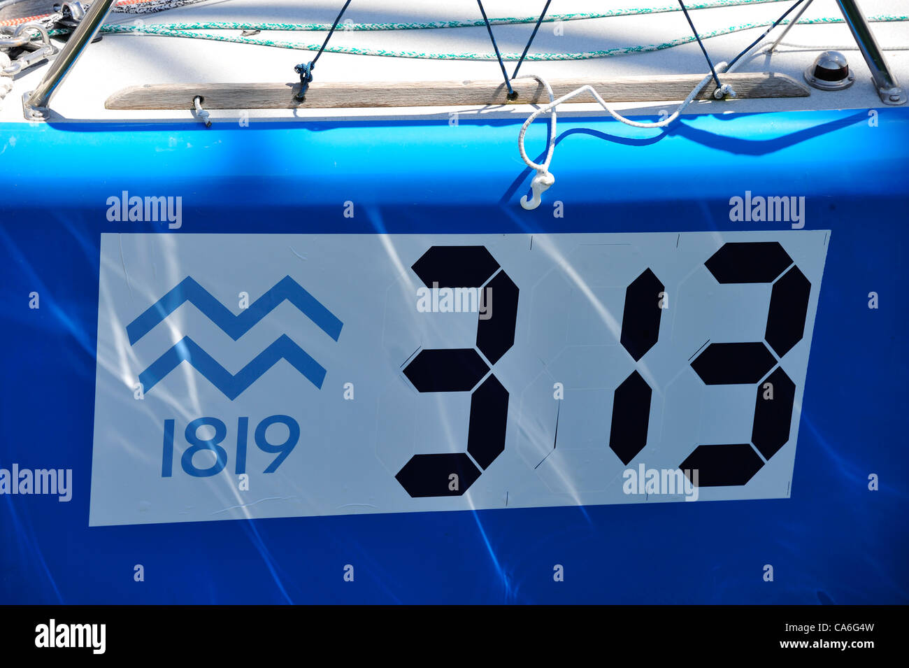 Number sticker on a boat about to start the annual Bol d'Or sailing ...