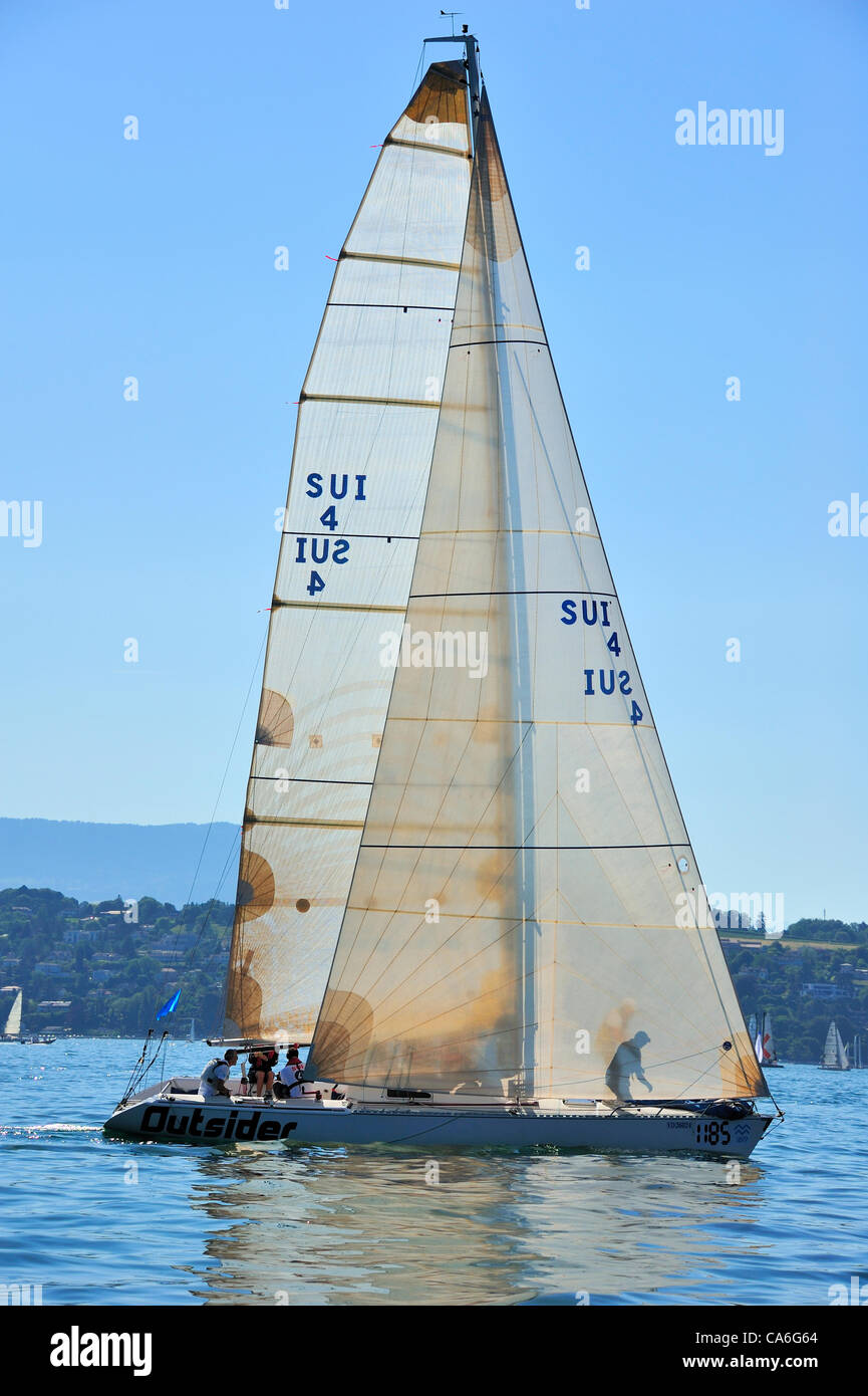 A yacht at the start of the annual Bol d'Or sailing race on Lake Geneva (Lac Leman). The race