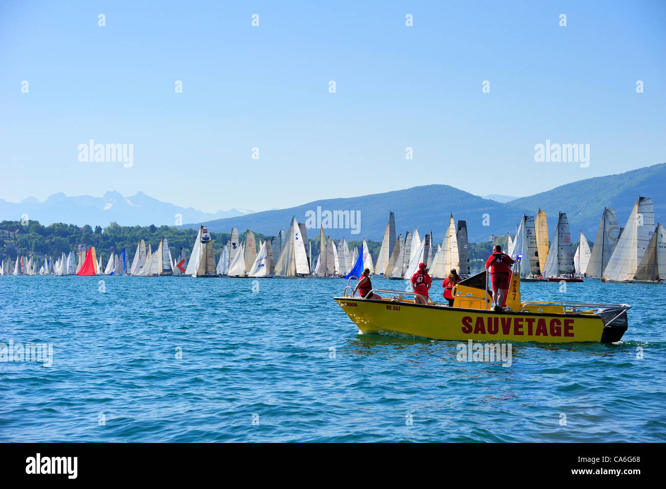 The start line of the annual Bol d'Or sailing race on Lake Geneva (Lac Leman), a few seconds