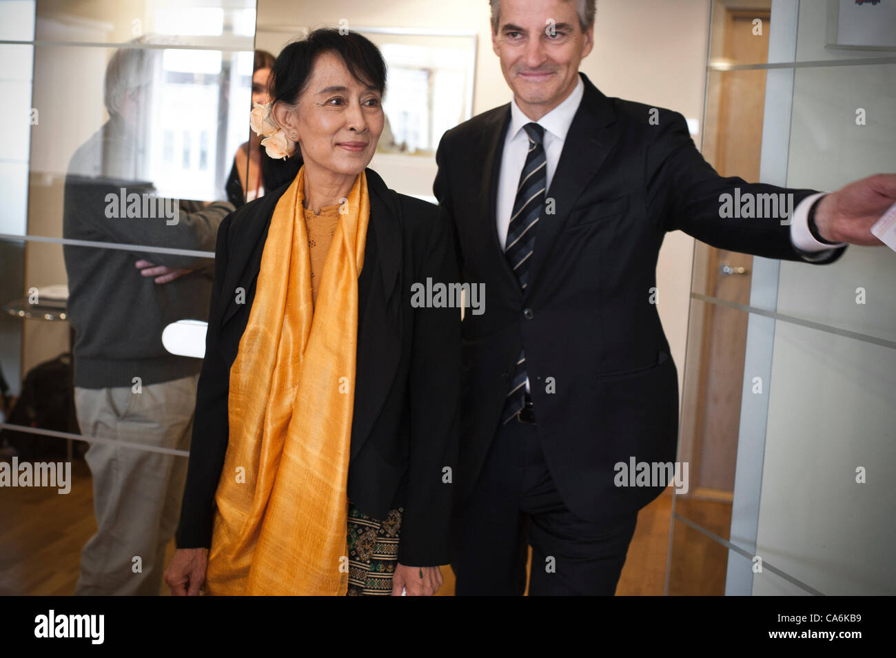June 17, 2012 - Oslo, Norway: Aung San Suu Kyi visits Jonas Gahr Store, Norway's Minister of Foreign Affairs, inside his office at The Ministry of Foreign Affairs. Stock Photo