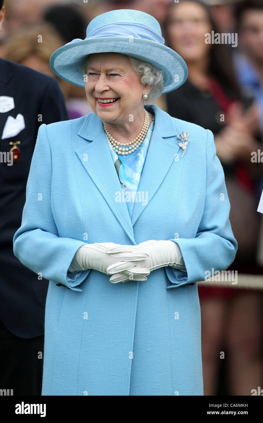 17.06.2012. Guards Polo Club, Windsor, Berkshire, England.  The Queen smiling at The Cartier Queen's Cup Final 2012 - Guards Polo Club Stock Photo