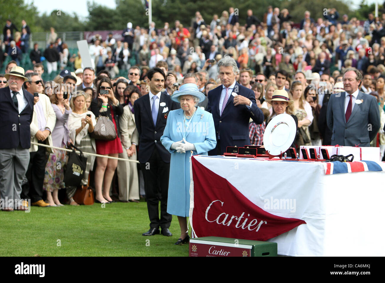 17.06.2012. Guards Polo Club, Windsor, Berkshire, England.  The Queen makese the awards presentation at The Cartier Queen's Cup Final 2012 - Guards Polo Club Stock Photo