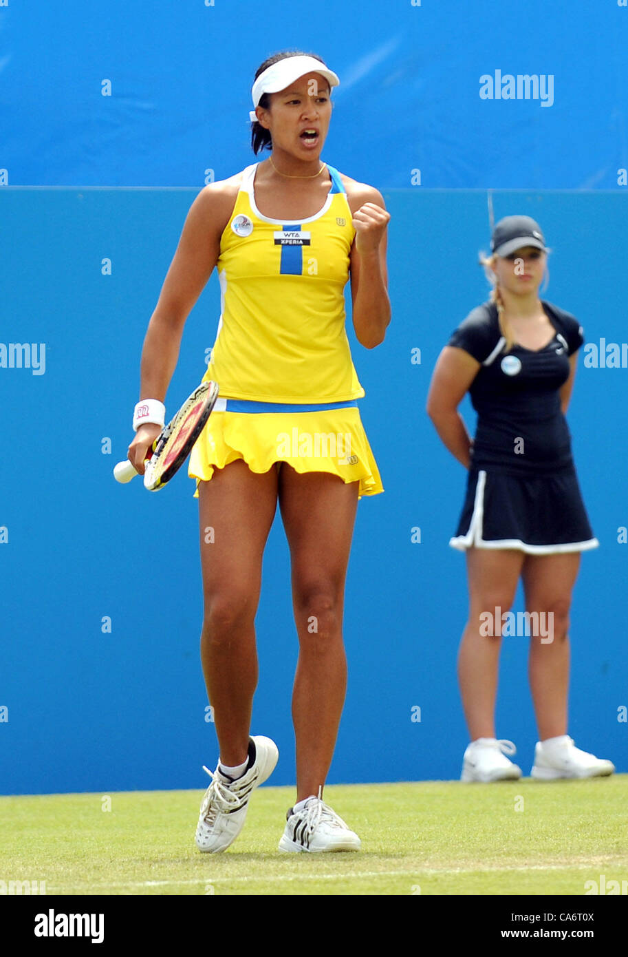 Eastbourne UK 18 June 2012 Britain's Anne Keothavong gets pumped up after winning a point but it was enough to stop defeat against Daniela Hantuchova at the Aegon International Tennis Tournament in Eastbourne today Stock Photo