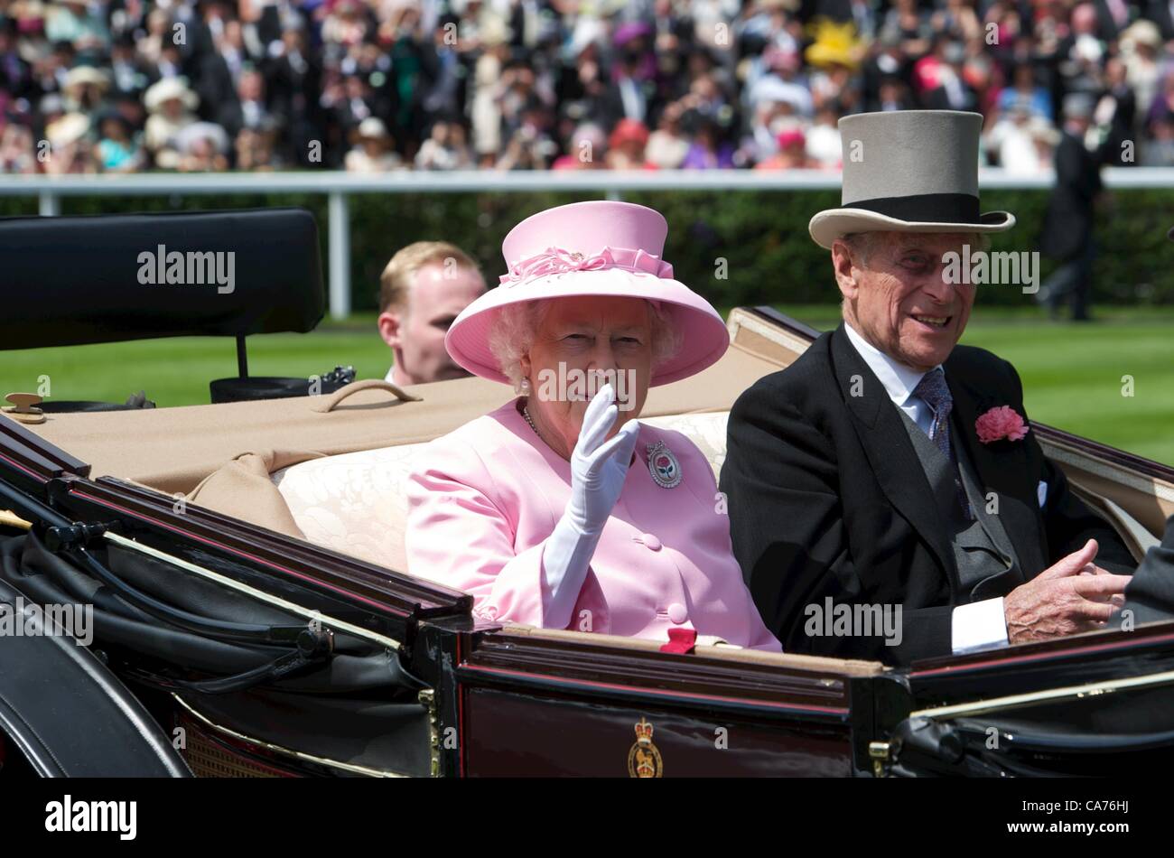 June 20, 2012. Ascot, UK. Queen Elizabeth ll and Prince Philip, Duke of Edinburgh arrive in an open carriage on second Day at Royal Ascot. Stock Photo
