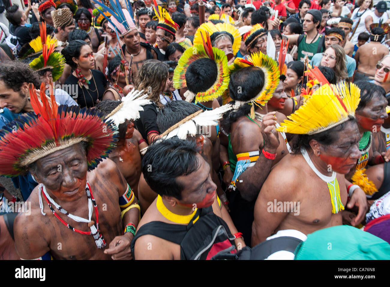 Rio de Janeiro, Brazil, 20th June 2012. Indigenous people demonstrate at a march by indigenous people, the Landless People's Movement (MST) and other civil society groups in front of the Riocentro United Nations conference. United Nations Conference on Sustainable Development (Rio 20). Stock Photo