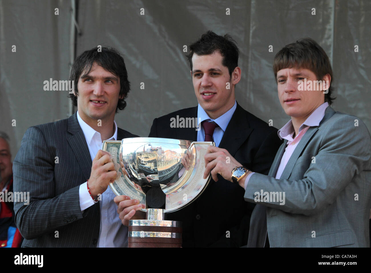 May 29, 2012 - Moscow, Russia - May29,2012. 2012 Ice Hockey World champions (l-r)Alexander Ovechkin, Evgeni Malkin and Alexander Syomin with World Cup at the 'Champions Parade' celebrations in Moscow,Russia. (Credit Image: © PhotoXpress/ZUMAPRESS.com) Stock Photo