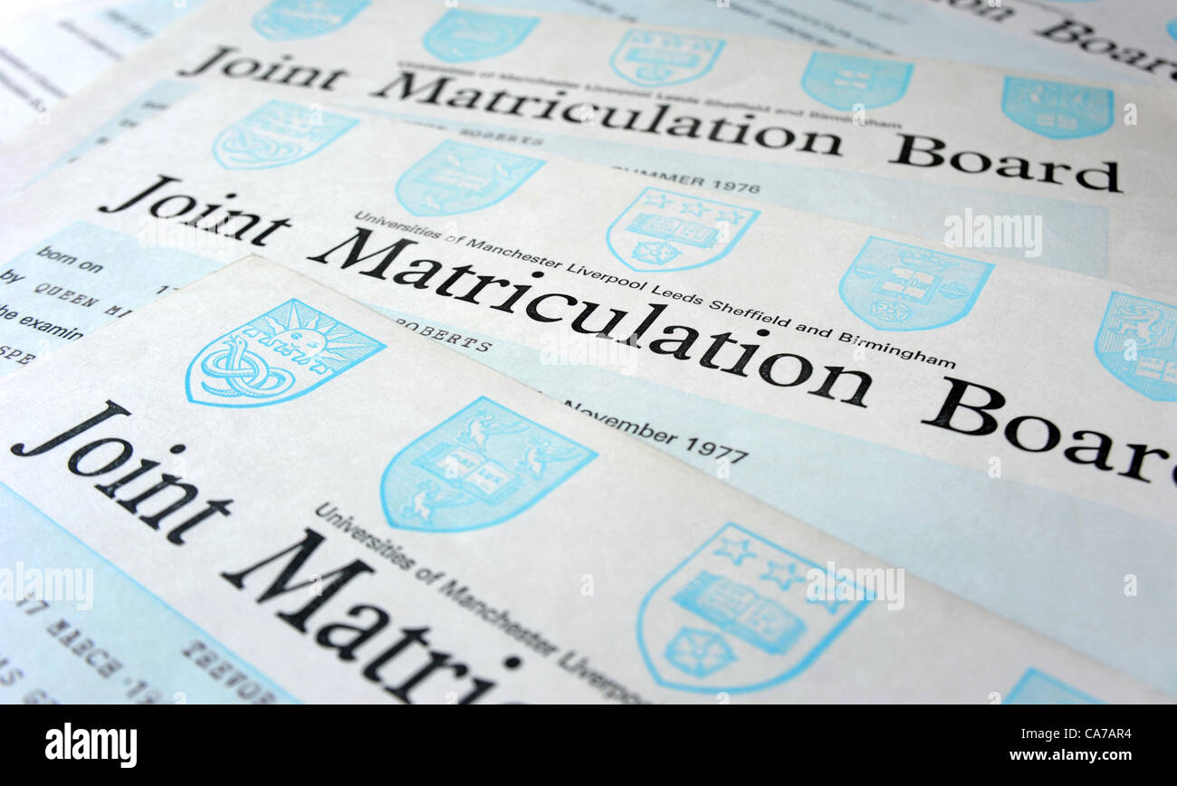 Photograph of original Joint Matriculation Board 'O' Level education certificates from the 1970's showing   news that 'O' levels may be making a return in the British education system Stock Photo