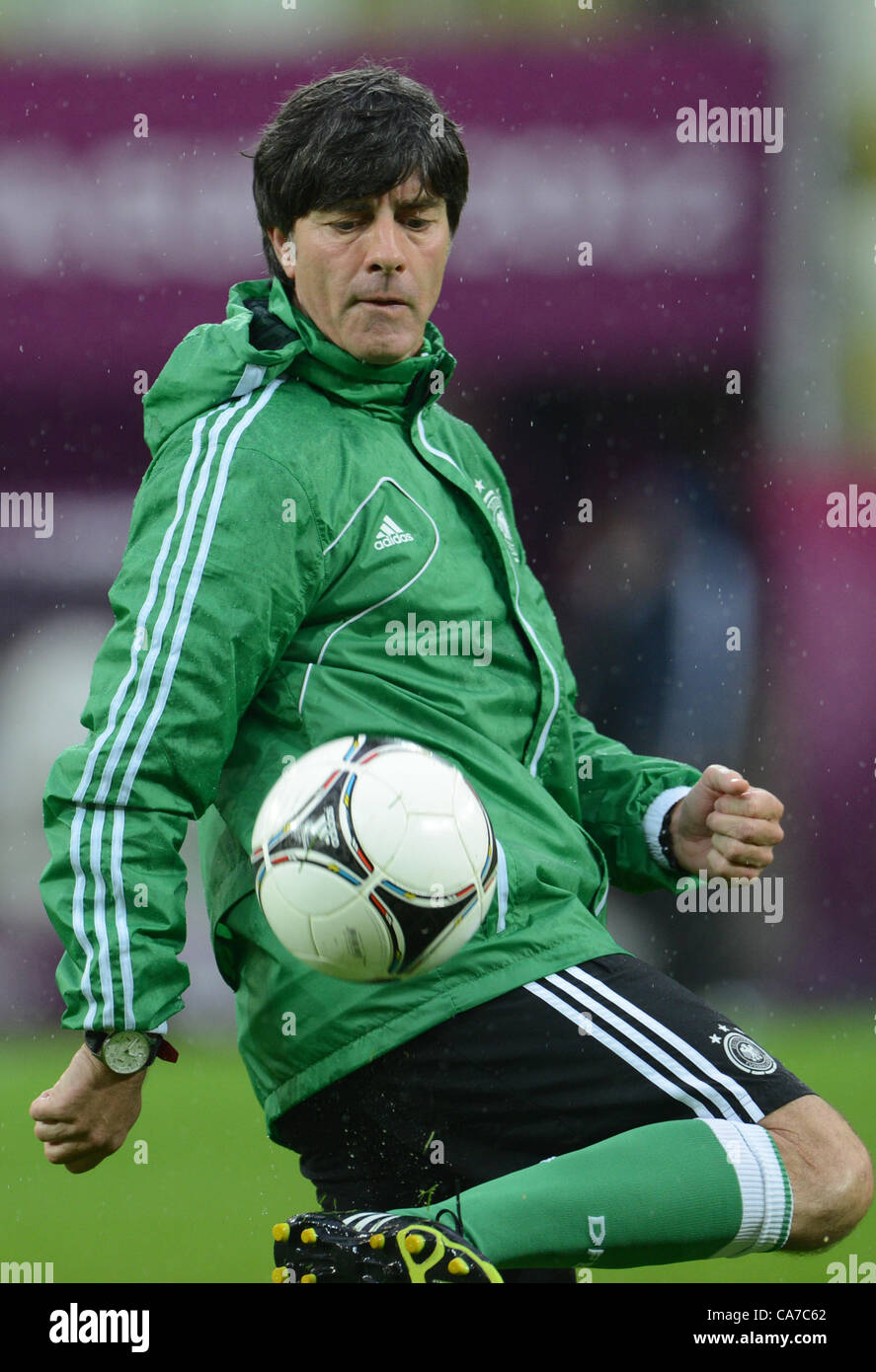 21.06.2012. Gdansk, Poland.  Germany's head coach Joachim Loew juggles with a ball during a training session of the German national soccer team at Arena Gdansk in Gdansk, Poland, 21 June 2012. Stock Photo