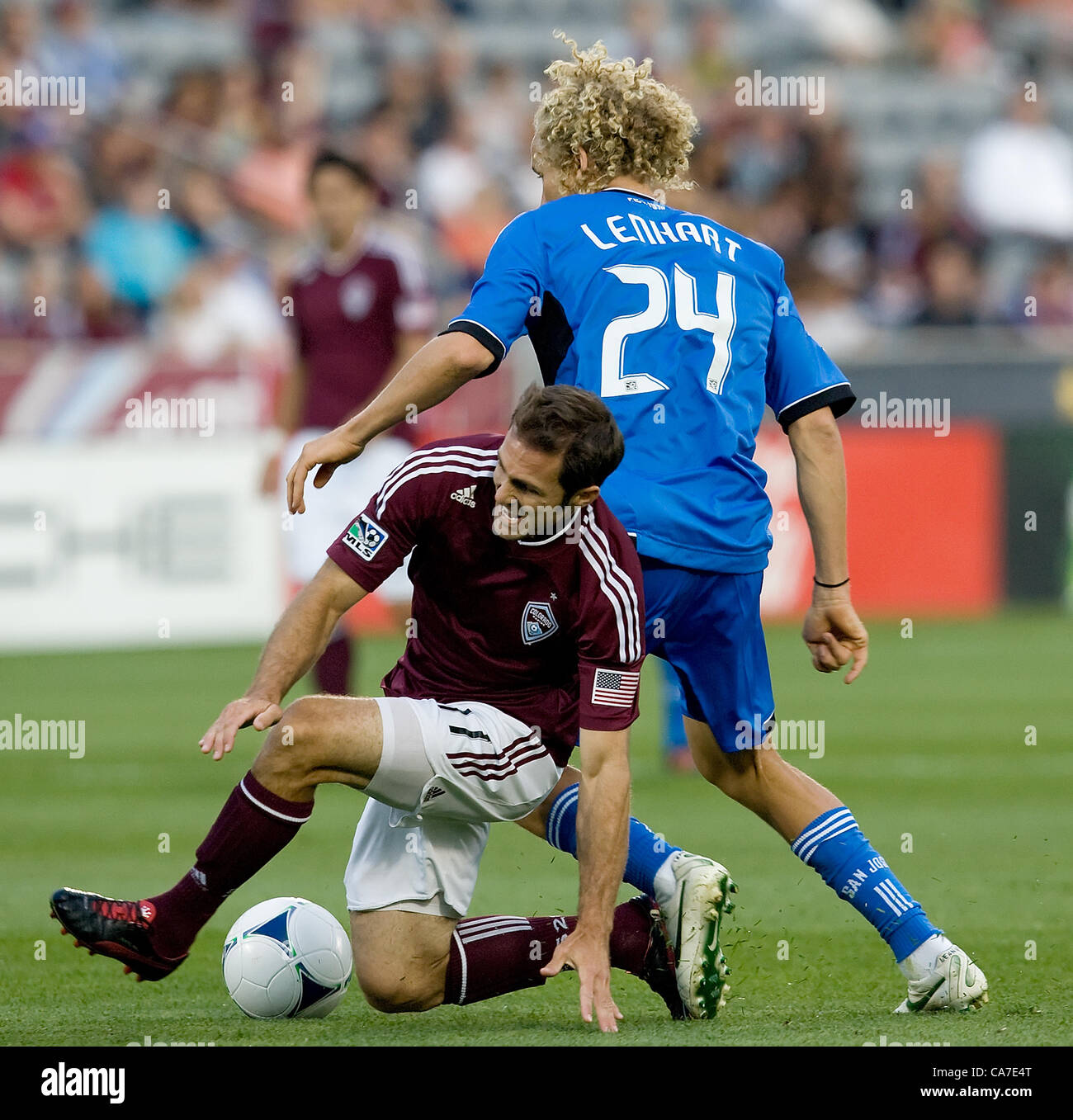 June 20, 2012 - Commerce City, CO, USA - Rapids M BRIAN MULLAN, bottom, gets tangled with Earthquakes F STEVEN LENHART, top, during the 2nd. half at Dick's Sporting Goods Park Wed. evening. The Rapids lose to the Earthquakes 2-1. (Credit Image: © Hector Acevedo/ZUMAPRESS.com) Stock Photo