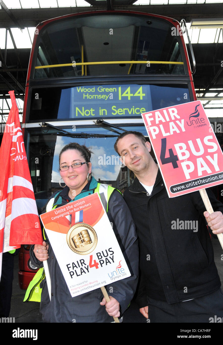 Wood Green, London, UK. 22nd June 2012. Bus drivers on strike in front