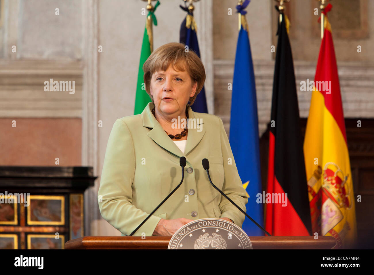 FOUR NATIONS SUMMIT IN ROME, ITALY. German Chancellor Angela Merkel speaking at press conference at the Four nations summit between France, Germany, Italy and Spain at Villa Madama, Rome, Italy. 22/06/2012 Stock Photo