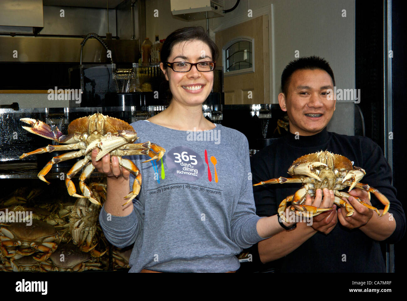 Friday 22nd June 2012, British Columbia, Canada. Tourism Richmond Foodie Blogger, Lindsay Anderson is picking out a couple of Dungeness crabs at the Steveston Crab Shack for sampling on her 17th day out of the 365 consecutive days she will be eating in restaurants in Richmond. Stock Photo