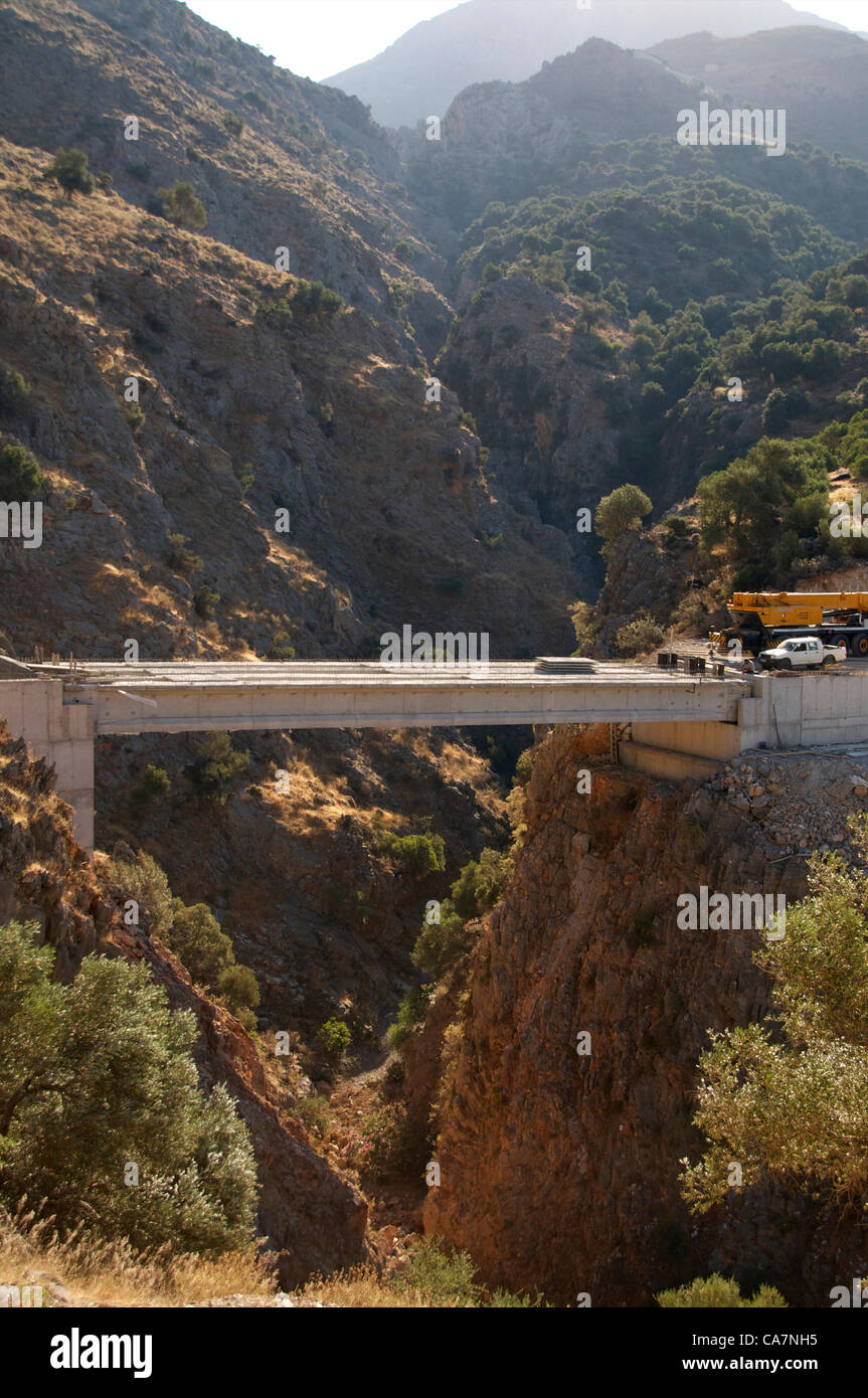 New bridge spanning the gorge in Rodakino on the south coast of Crete, Greece, under construction Stock Photo