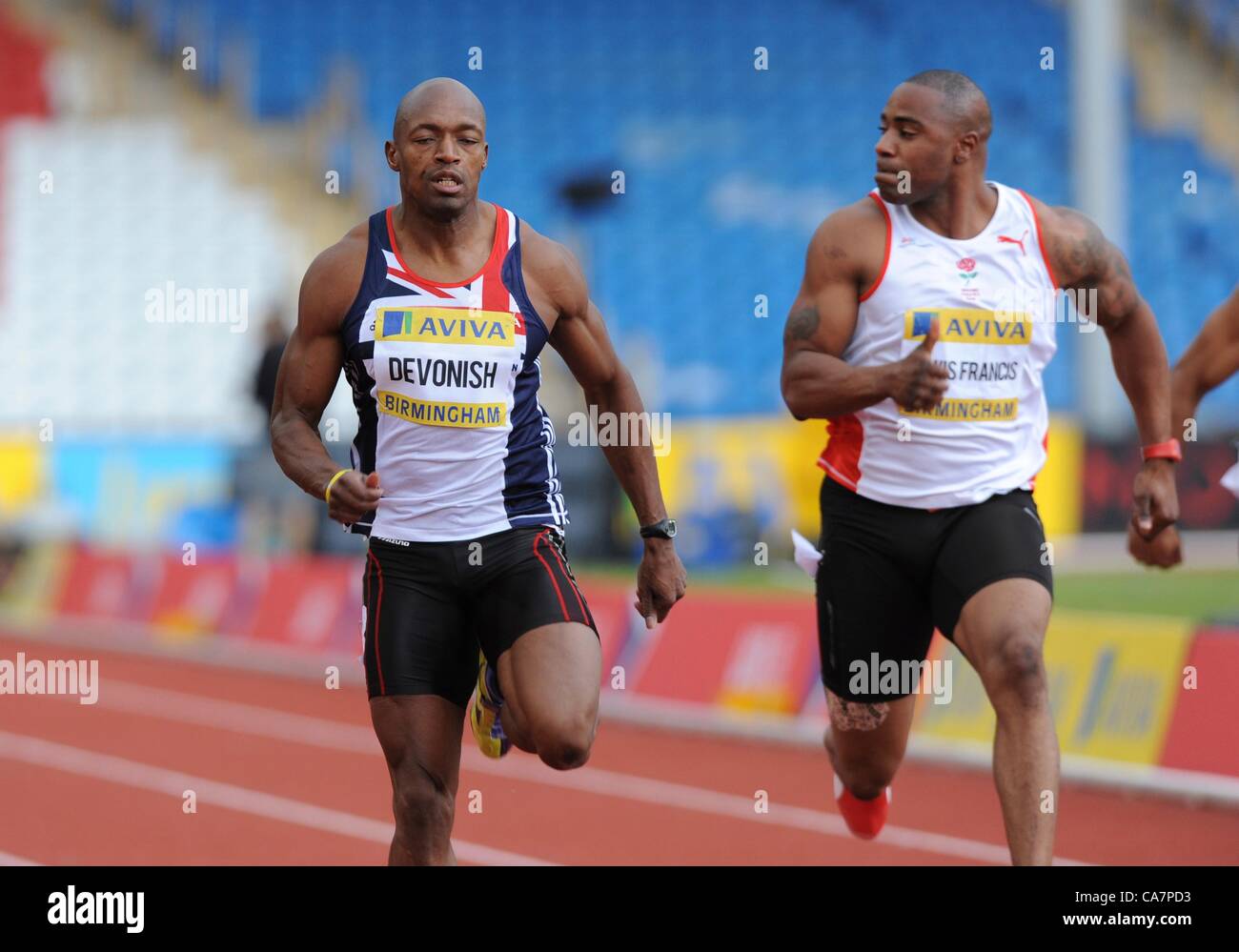 22.06.2012 Birmingham, ENGLAND : Marlon Devonish and Mark Lewis Francis in action during the Aviva Trials at the Alexandra Stadium. Stock Photo