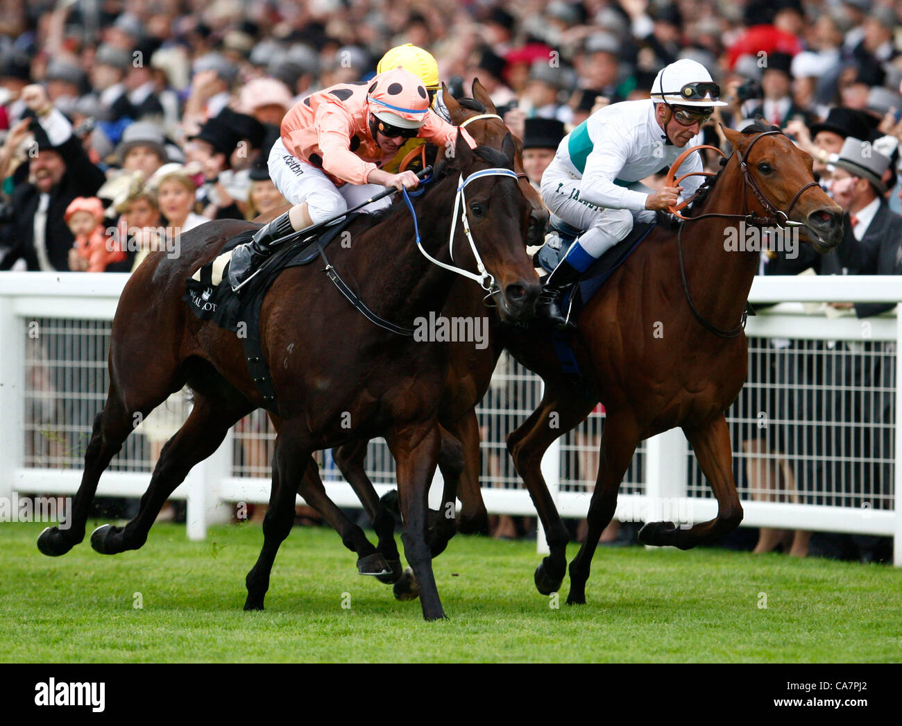 23.06.2012 Ascot, Windsor, ENGLAND, UK:  Luke Nolan on Black Cavier going pass the winning post just beating Thiery Janet on Moonlight Cloud at The Hardwicke Stakes during Royal Ascot Festival. Stock Photo