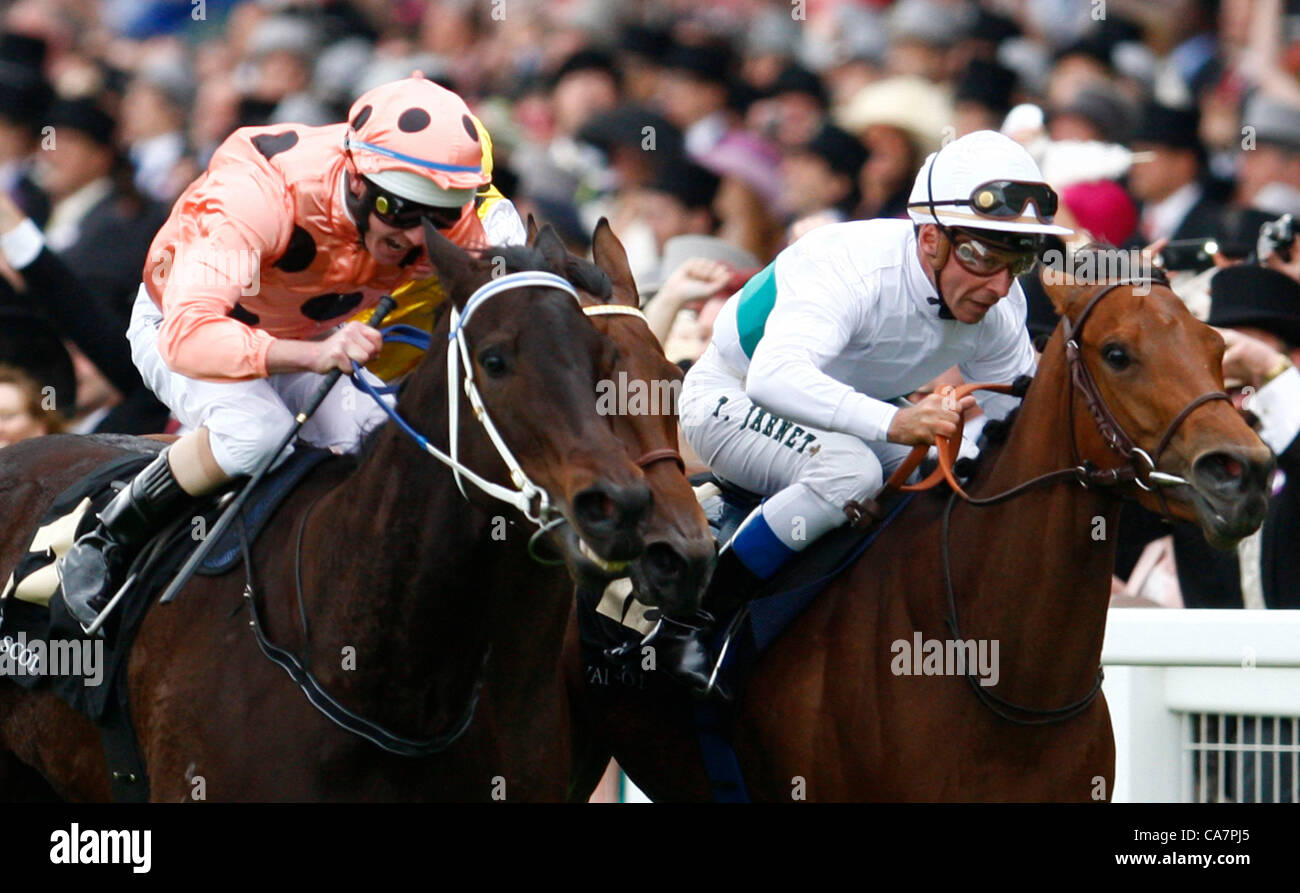 23.06.2012 Ascot, Windsor, ENGLAND, UK: Luke Nolan on Black Cavier going pass the winning post just beating Thiery Janet on Moonlight Cloud at The Hardwicke Stakes during Royal Ascot Festival.  Stock Photo
