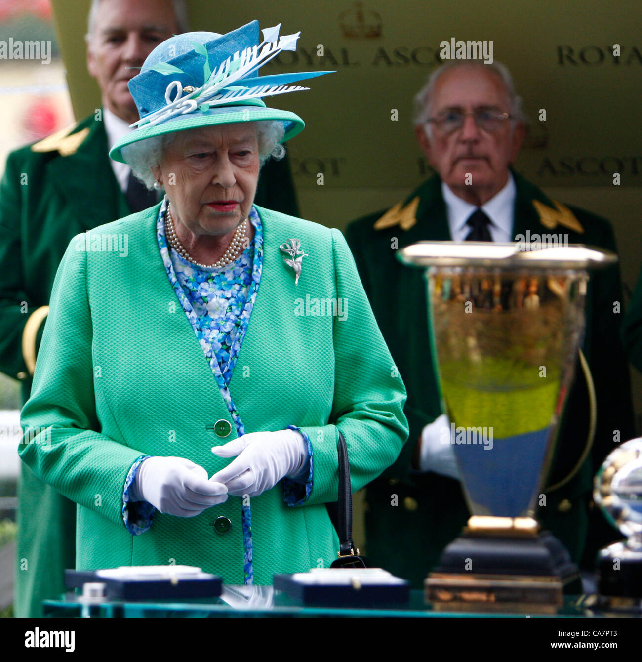 23.06.2012 Ascot, Windsor, ENGLAND, UK:  Queen Elizabeth II with The Diamond Jubilee Stakes trophy during Royal Ascot Festival at Ascot racecourse. Stock Photo