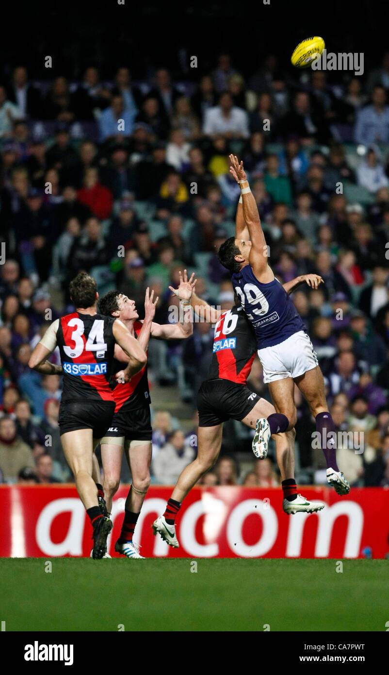23.06.2012 Subiaco, Australia. Fremantle v Essendon. Matthew Pavlich flies for the mark during the Round 13 game played at Patersons Stadium. Stock Photo