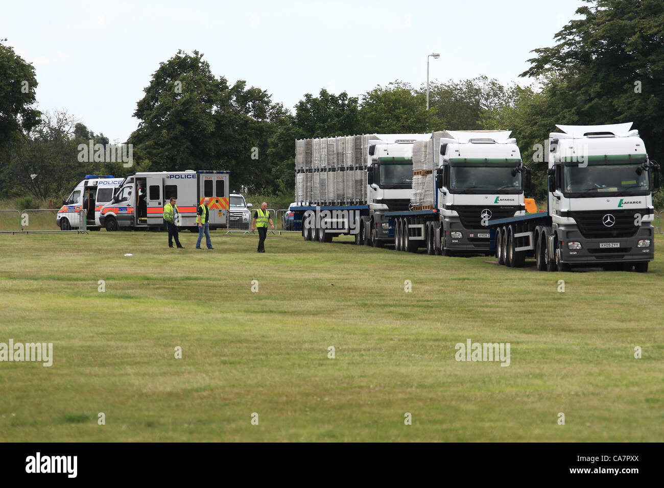 East London, UK. Saturday 23rd June 2012. Police stand by as building works commences on the