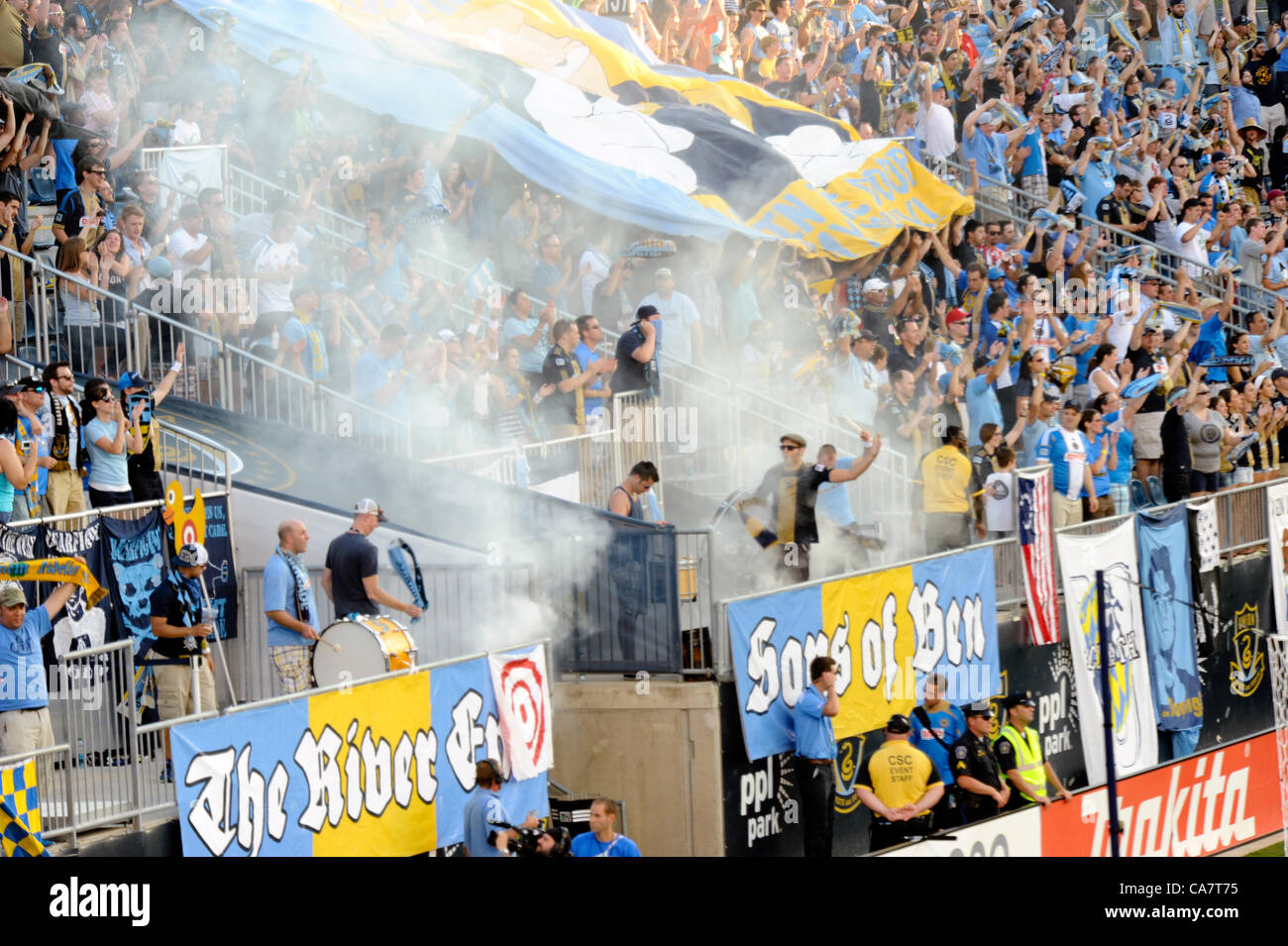 Philadelphia, USA. 23 June, 2012. Philadelphia Union fans and the Sons of Ben celebrate a goal with drums / smoke / tifo during a professional MLS soccer / football match against the Sporting KC of Kansas City. Stock Photo