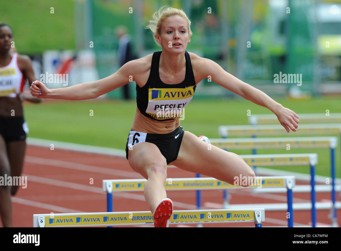 23.06.2012 Birmingham ENGLAND Womens 400m Hurdles Heats, Meghan Beesley in action during the Aviva Trials at the Alexandra Stadium. Stock Photo