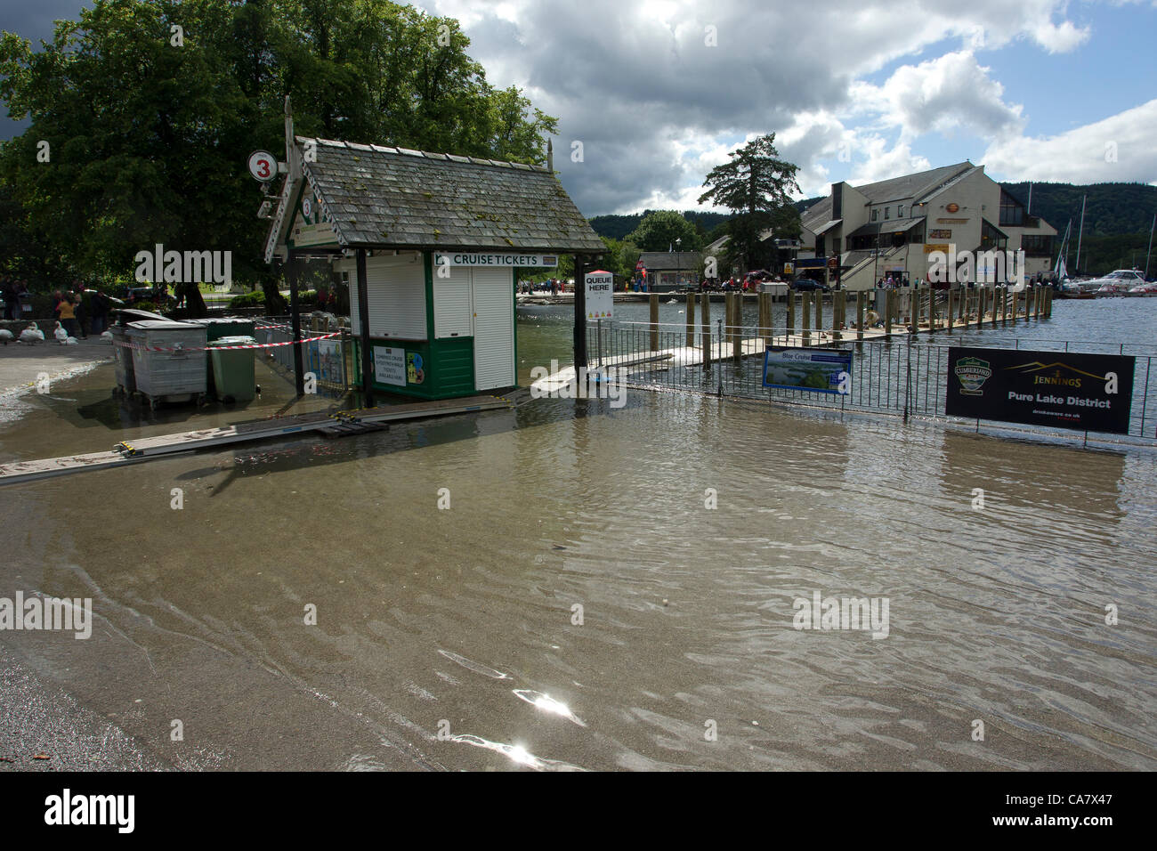 24th June Sunday 2012   Bowness Bay Cumbria  UK This is Lake Windermere at it's highest level this year. Closing pier three. Credit Line : Credit:  Shoosmith Collection / Alamy Live News Stock Photo