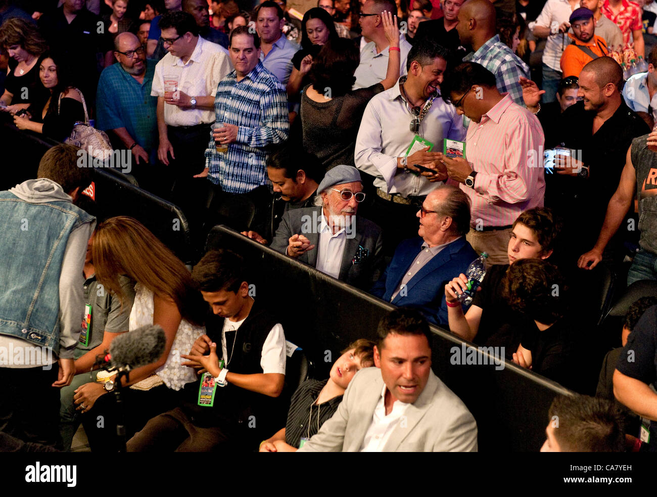 June 23, 2012 - Los Angeles, CA, USA -  Jack Nicholson and Lou Adler, courtside regulars at LA Lakers games at Staples Center, attend the Ortiz- Lopez Silver Welterweight Championship fight at the same venue. Stock Photo