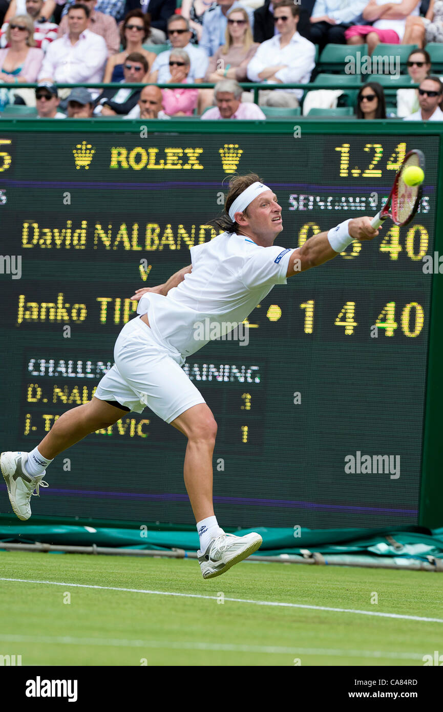 25.06.2012 London, England David Nalbandian of Argentina in action against Janko Tipsarevic of Serbia  during the first round of the match at Wimbledon Tennis Championships at The All England Lawn Tennis Club. Stock Photo