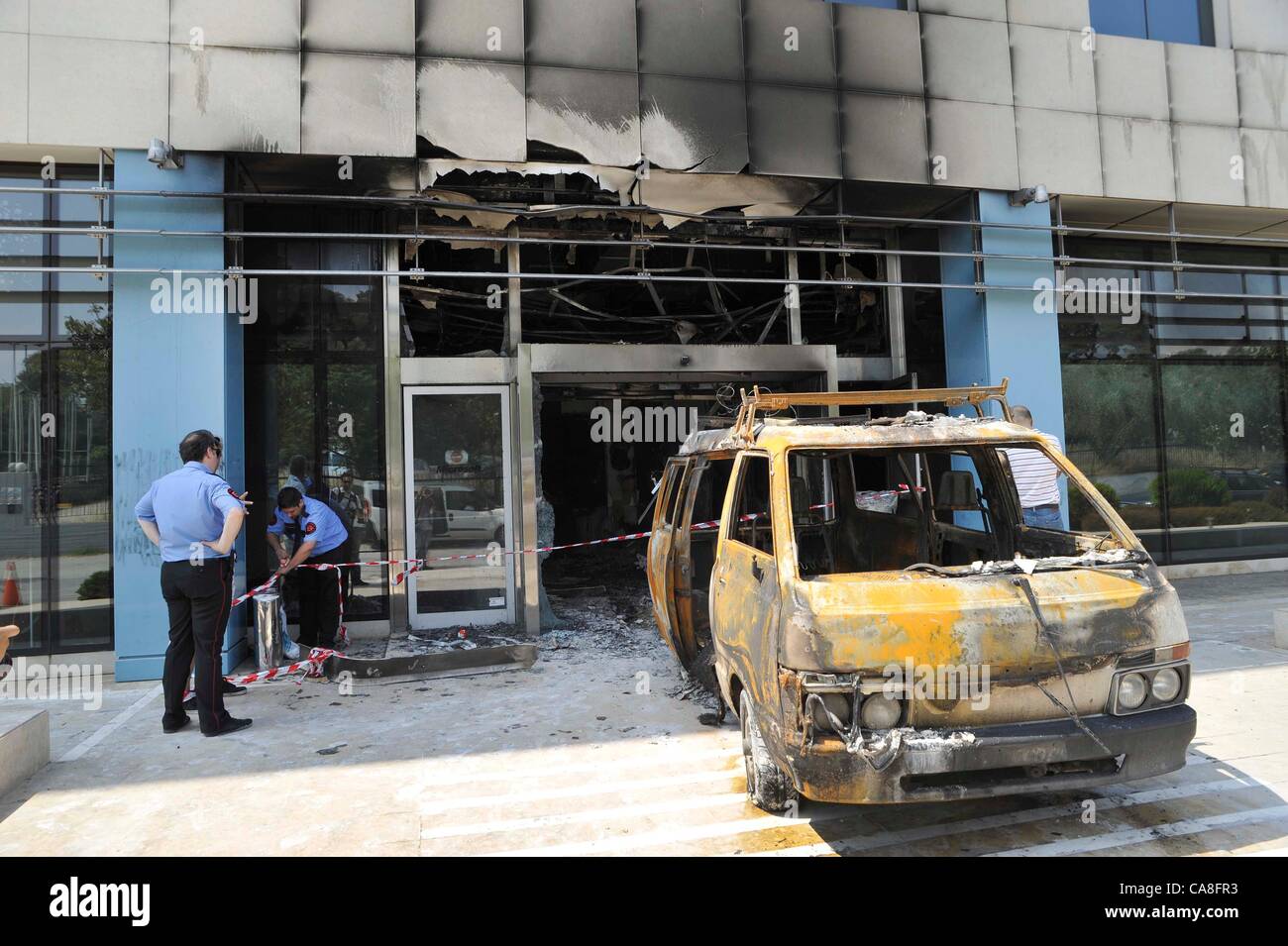 June 27 2012. Athens, Greece. 03:45 am, the Microsoft headquarters in the  Marousi district of Athens was damaged by an incendiary device carried in a  van. The attackers rammed the building's front