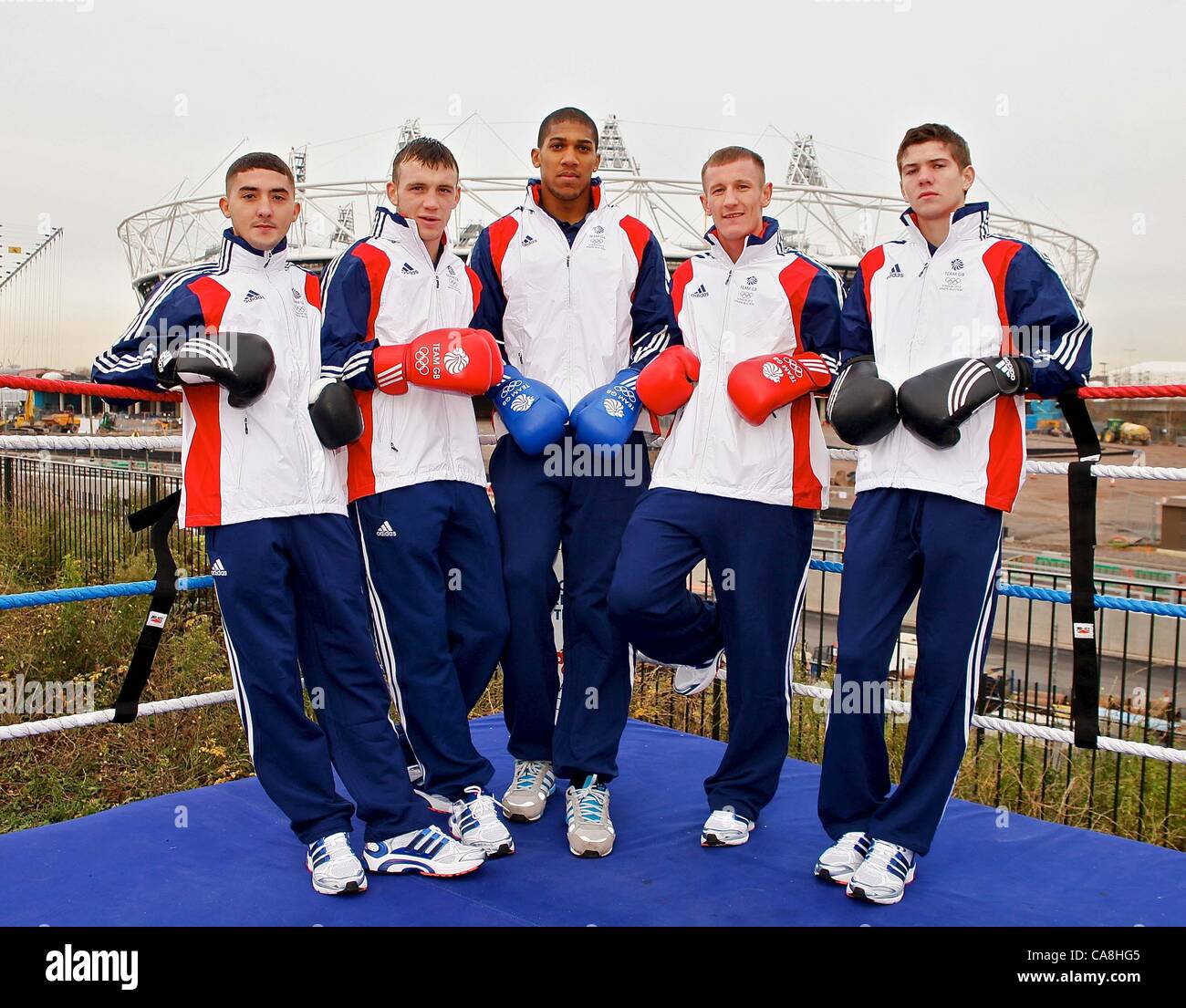 STRATFORD, LONDON, UK, Friday 02/12/2011. (l to r) - Andrew Selby, Fred Evans, Anthony Joshua, Tom Stalker and Luke Campbell. TeamGb announce first 5 boxers for the Olympics in 2012. Stock Photo