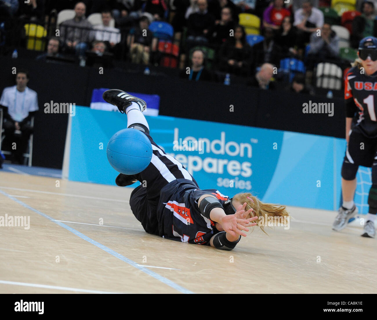 Nicole BUCK (USA) makes a save backed up by Asya MILLER, during Canda v USA, The London Prepares Goalball Paralympic Test Event - Poland  v China, Handball Arena, Olympic Park,  London, England December 3, 2011. Canada went on to win 5 - 1  Handball is played by blind or partially sighted athletes w Stock Photo