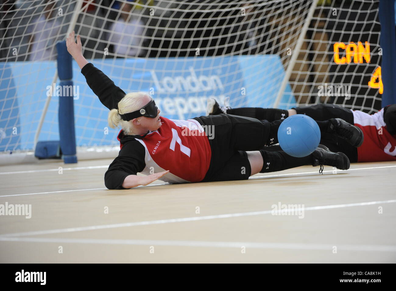 Amy KNEEBONE (CAN) makes a save during Canada v USA, The London Prepares Goalball Paralympic Test Event - Poland  v China, Handball Arena, Olympic Park,  London, England December 3, 2011. Canada went on to win 5 - 1 Stock Photo