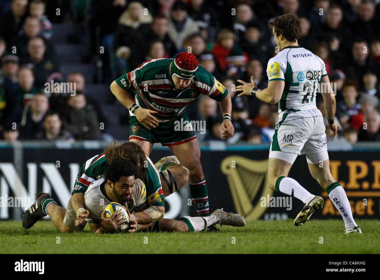 03.12.2011.  Leicester, England. Aviva Premiership Leicester Tigers v Northampton Saints George Pisi of Northampton Saints is tackled by Martin Castrogiovanni of Leicester Tigers. Stock Photo