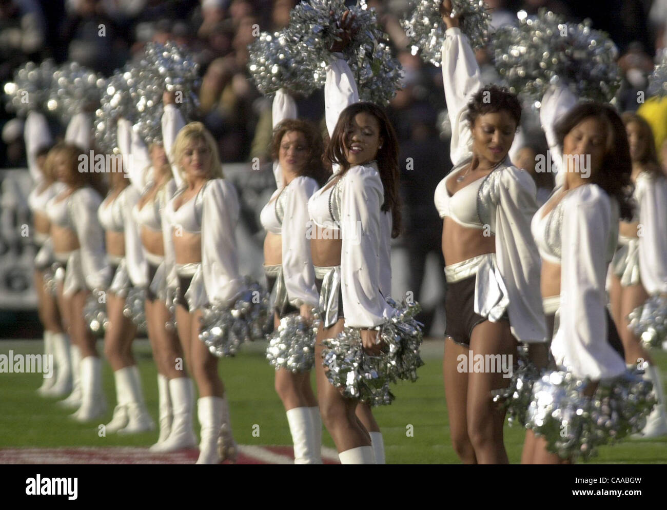 Raiderettes perform at the Oakland Coliseum prior to the AFC 