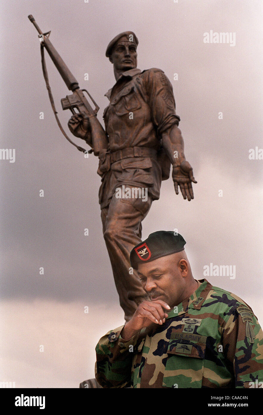 SPECIAL FORCES 160709x20 ................... Remo Butler stands in front of  a statute, a few months before being the first African-American Green Beret  to be promoted to brigidier general, in front of Army