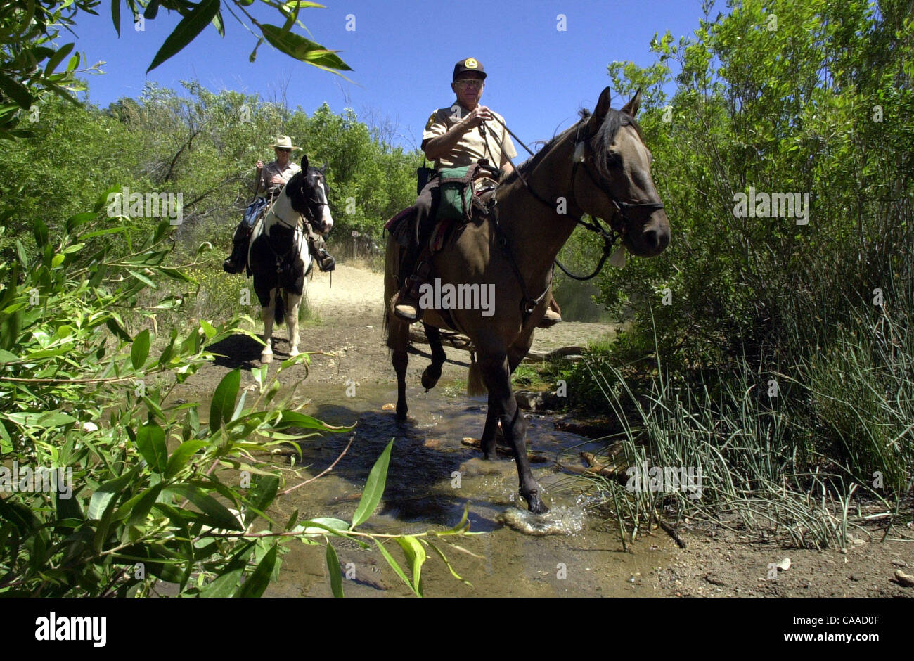 (Published 07/09/2003, E-10, UTS1746736) Ron Matzenauer, right, and Carol Matzenauer ride through a creek on a horse trail at Cuyamaca Rancho State Park.  UT/john Gastaldo Stock Photo