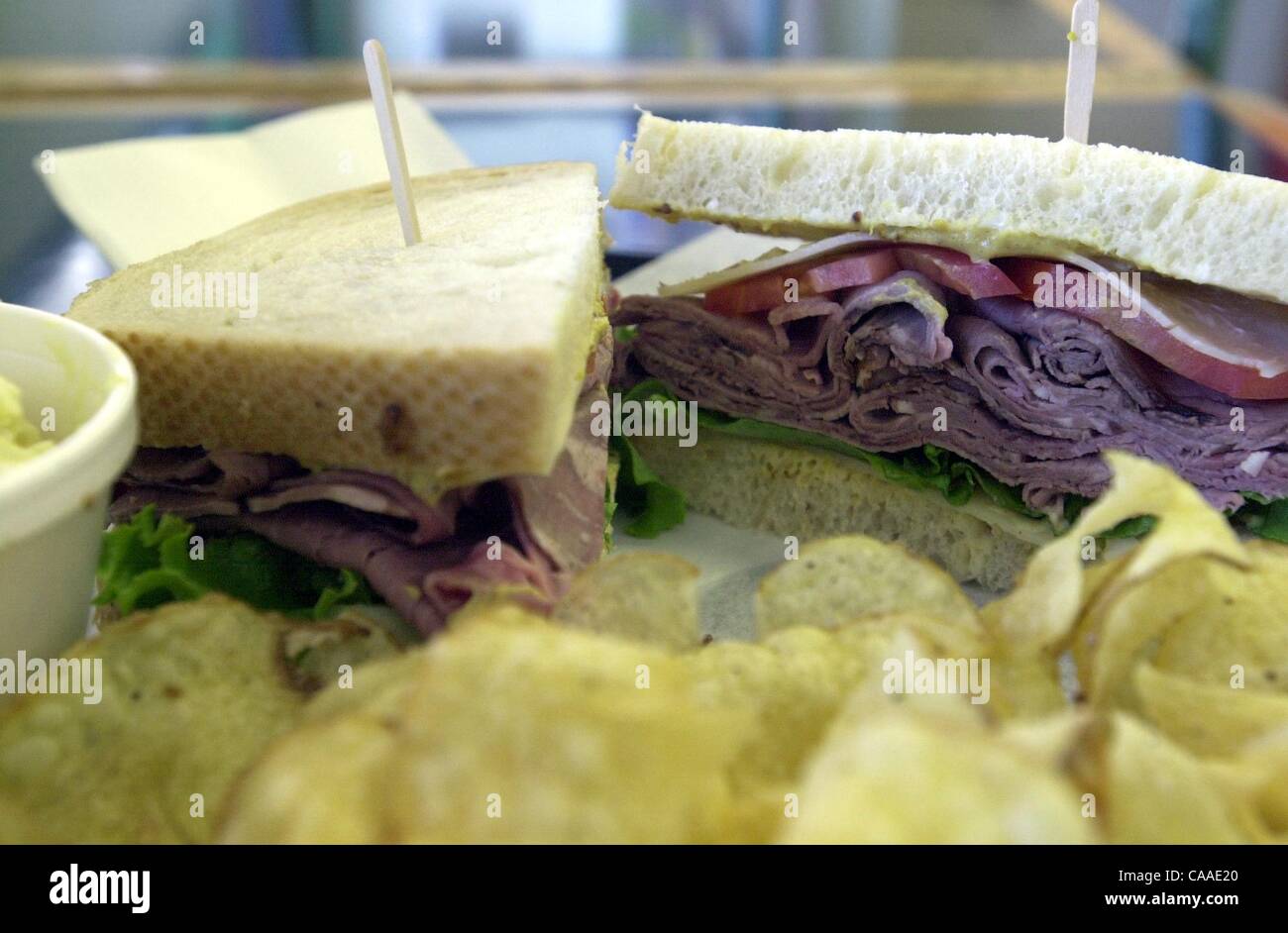 (PUBLISHED 01/20/2005, N&D-26)Toute de Suite is a very little hole in the wall that serves massive and tasty egg salad sandwiches and homemade potato chips.This is roast beef with homemade chips. Roni Galgano/Union-Tribune Stock Photo