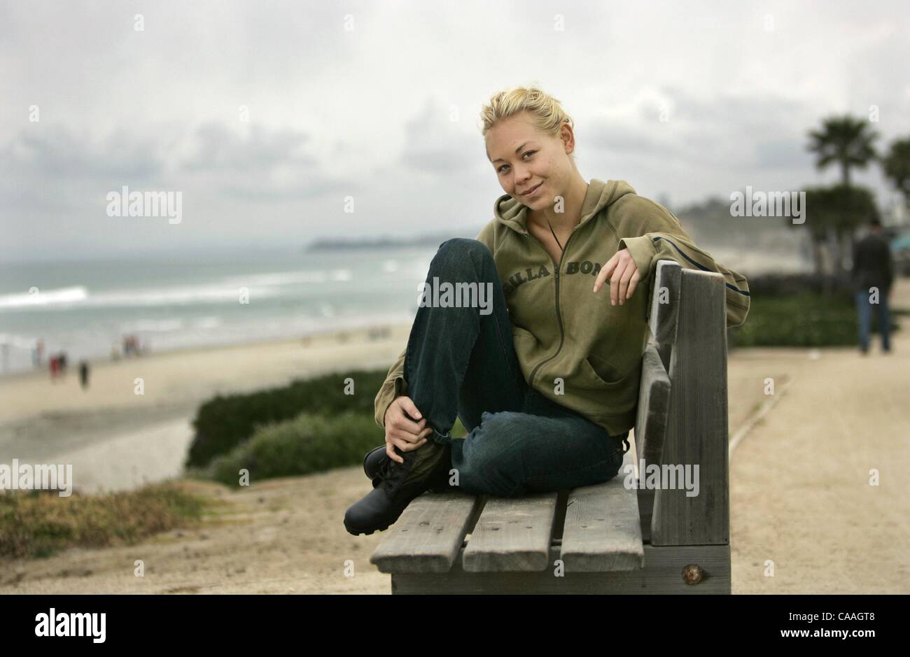 (Published 3/23/2005, NI-8, NC-8)  Sanoe Lake sits on the beach by Power House Park in Del Mar on Friday. She is a surfer and actress. UT photo by Eduardo Contreras Stock Photo