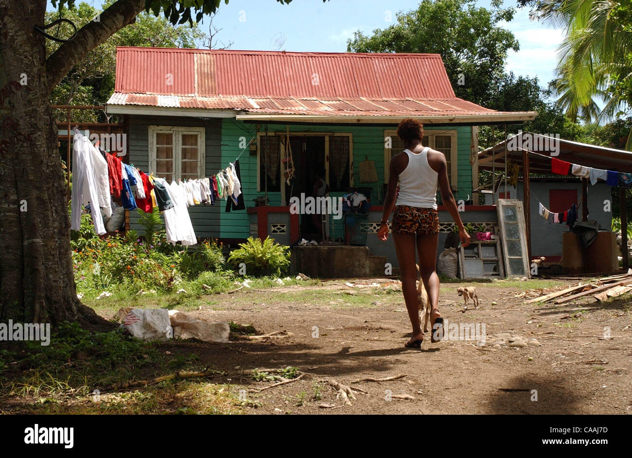 A woman walks towards her farm house in the Grenadian rainforest, near the nutmeg and cocoa