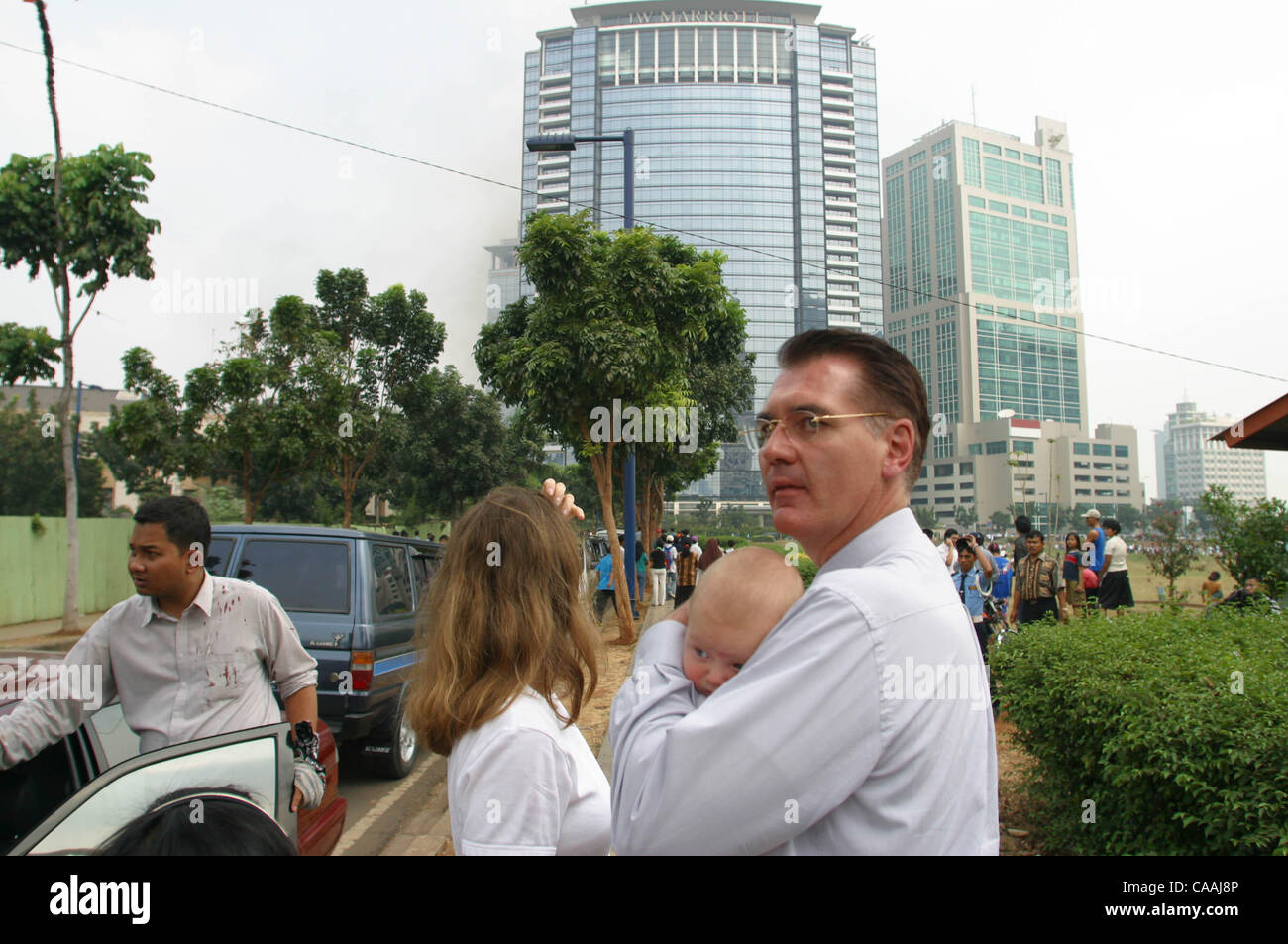 Aug 05, 2003; Jakarta, DKI, Indonesia; An explosion occur at JW Marriott Hotel in downtown Jakarta, killing 14, wounding 100 and damaging nearby buildings. A cell phone detonated a bomb, located in a Toyota Kijang van.  The terrorism bombing happened 2 days before the verdict for Bali bomber Amrozi. Stock Photo