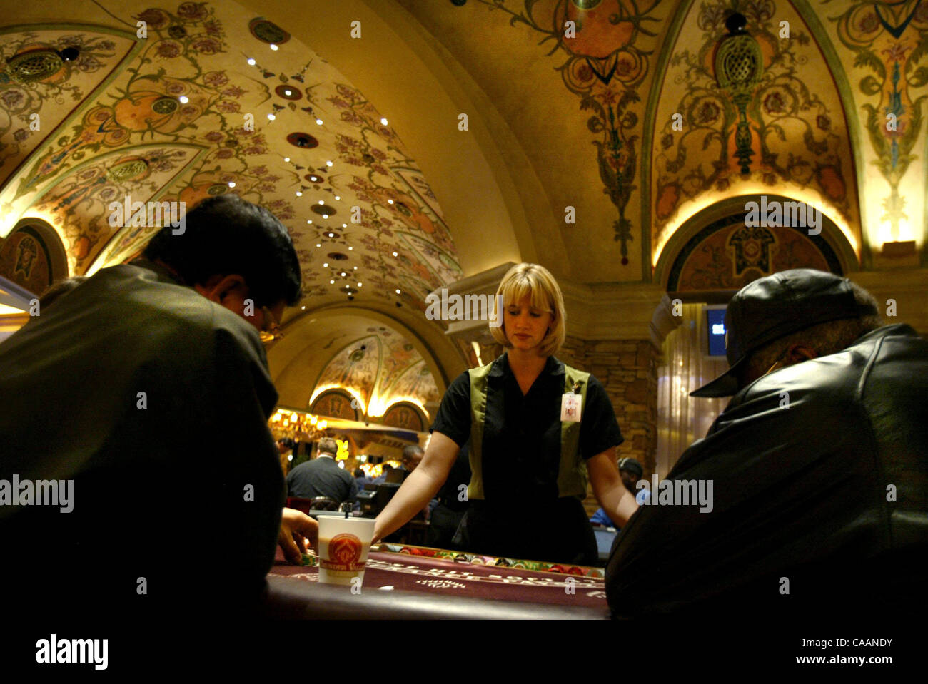 third or jump -- Summer Parker deals the cards out to some gamblers on the casino floor. The ceilings were hand painted thoughout the building. Picture taken Friday, November 21, 2003 at the Thunder Valley Casino. Sacramento Bee Bryan Patrick Stock Photo